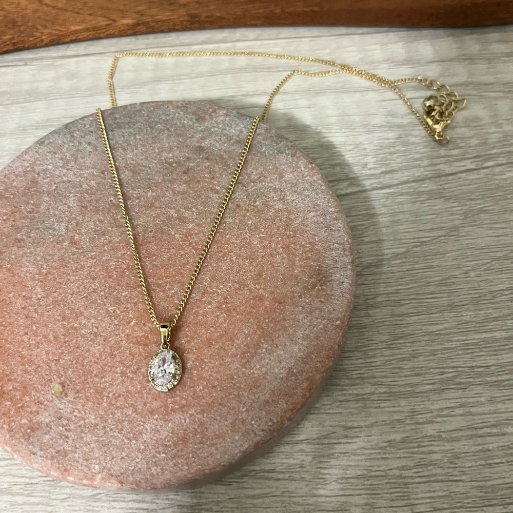 Gold Tone Necklace with Faux Diamond Halo Pendant